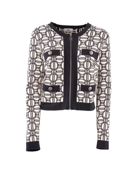 Shop ELISABETTA FRANCHI  Maglia: Elisabetta Franchi cardigan cropped logo jacquard.
Stampa logo jacquard.
Maniche lunghe.
Scollo a giro.
Chiusura frontale con zip in metallo dorato con tiretto logo nel centro davanti e finiture in contrasto colore.
Vestibilità slim.
Composizione: 65% Viscosa 35% Poliammide.
Made in Italy.. MK32B47E2-E84